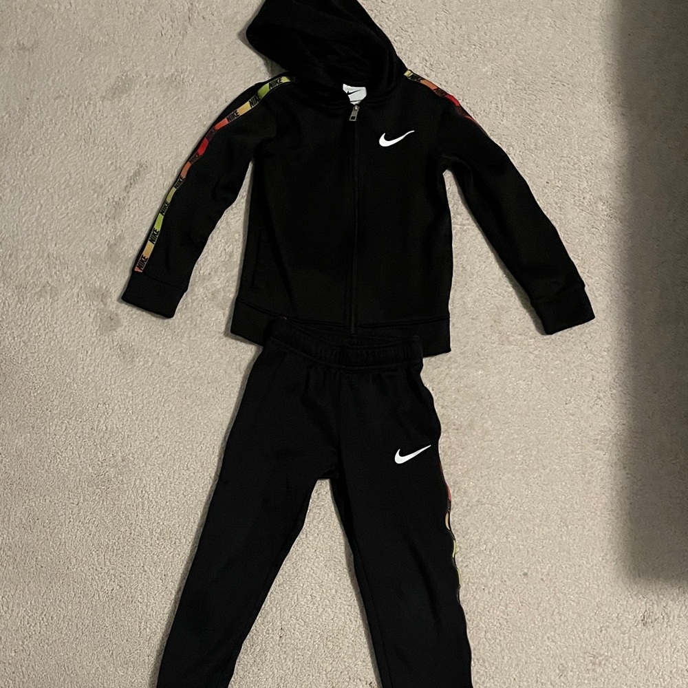 Nike Black Tracksuit with White Logo and Colorful Stripes